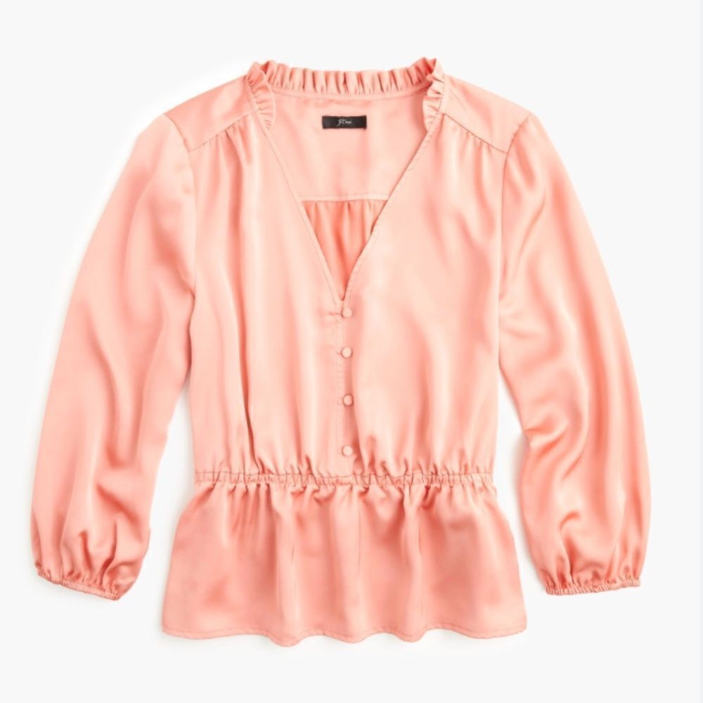 J. Crew V-neck button-detail Satin Peach peplum Top Blouse Career Sz 0